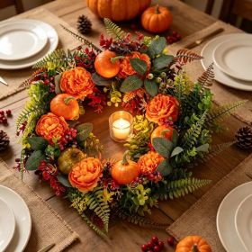 Halloween Artificial Autumn Wreath with Mini Pumpkin Red Berries and Mixed Leaves, 17.71 Inch PE Fall Front Door Wreath, Indoor Outdoor Hanging D (Option: As Pic)