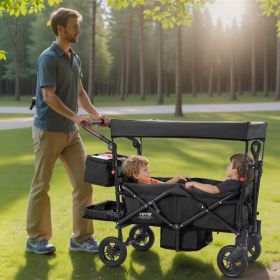 Wagon Stroller For 2 Kids, Push Pull Quad Collapsible Stroller With Adjustable Handle, Encircling Harness Removable Canopy, 4 Wheels With Brakes, (Option: Black)