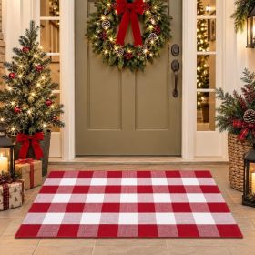 Christmas Red And White Plaid Door Mat, 28 X 43 Inches Cotton Hand-Woven Layered Entry Mat For Front Porch, Entryway, Outdoor Holiday Decor, Wash (Option: Red)