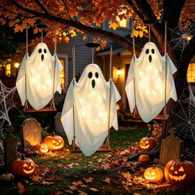Halloween Decorations Outdoor Solar Hanging Swing Ghost Halloween Decor With String Lights, 2 Pack Scary Party Gifts Decor, Spooky Ghost On Swing (Option: White)