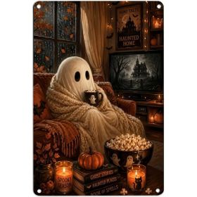 8x12 Inch Cozy Ghost Halloween Metal Sign Spooky Season Wall Decor Cute Ghost Hanging Sign For Home Door Porch Bedroom Party Decoration (Option: Assorted Halloween Design)