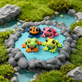 3D Printed 4PCS Colorful Frog Figurines With Pond Display, Articulated Mini Frog Set For Desk Decor And Garden Display (Option: 4 Frog Figurines-PLA)