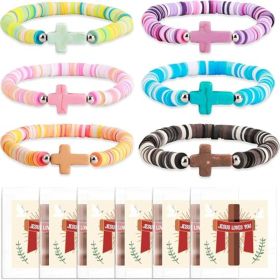6 Pack Christian Cross Faith Bracelets Jesus Religious Braided Clay Beaded Elastic Bracelets For Easter Basket Stuffers Christmas Baptism VBS And (Option: MULTICOLOR)