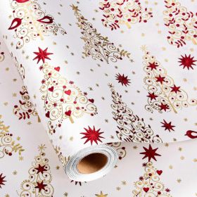 Christmas Wrapping Paper, Metallic Gold Foil Trees With Red Stars & Hearts, Holiday Gift Wrap Roll (Option: White)