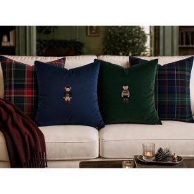 Christmas Decorations Set Of 4 Heritage Throw Pillow Covers, 20x20 Embroidered Bear, Tartan Plaid Pillow Covers, Velvet Pillow Cases, Xmas (Option: Green)