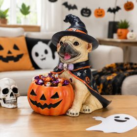 Halloween French Bulldog Witch Puppy Figurine, Cute Dog Holding Pumpkin Candy Bowl Decoration (Option: Beige,Orange-Red)