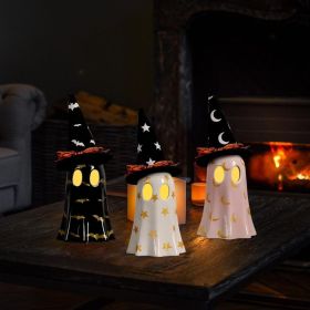 3Pcs Ceramic Ghost Halloween Decor With Witch Hats LED Tea Lights Spooky Cute Tabletop Ornament (Option: A)