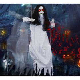 Scary Halloween Decorations Outdoor, Halloween Hanging Swinging Doll Girl with Sound & Slap Activated, Light Up Eyes Creepy Sound Expressions, La (Option: Halloween hanging white robed ghost)