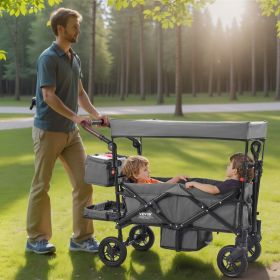 Wagon Stroller For 2 Kids, Push Pull Quad Collapsible Stroller With Adjustable Handle, Encircling Harness Removable Canopy, 4 Wheels W/ Brakes, M (Option: Grey)