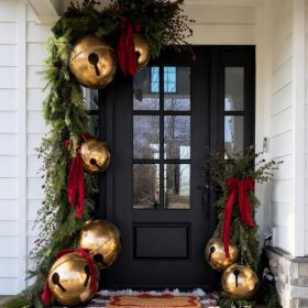 7 Pcs Inflatable Christmas Balls With Velvet Bows, Giant PVC Jingle Bells (Option: Golden)