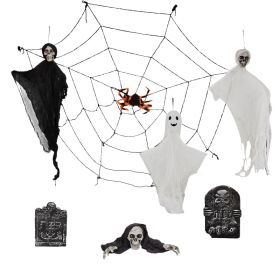 Outdoor Halloween Decorations 8-Piece Set,Hanging Ghosts Decor And Cobweb And Gravestone With Lighted Up Eyes,Scary Swinging Ghost Flying For Yar (Option: Default)