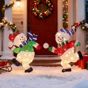 Set Of 2 Lighted Snowmen Christmas Decorations, Pre Lit 2D Tinsel Cute Snowman Snowball Fight With Lights, Light Up Plug In For Indoor Outdoor Xm (Option: White)