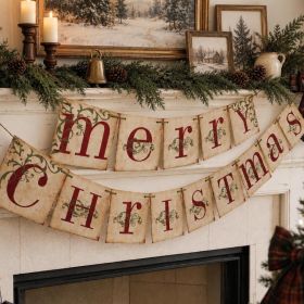 Christmas Decorations  Vintage Merry Christmas Banner For Home Deco (Option: White)